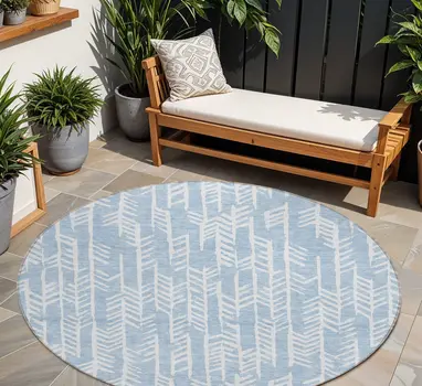 8' Sky Blue And Ivory Round Tribal Washable Indoor Outdoor Area Rug