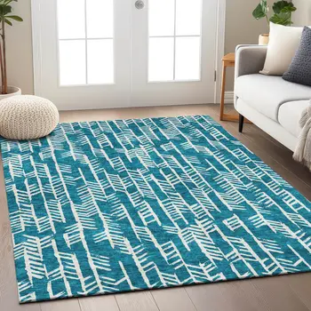 3' X 5' Teal Blue And Ivory Tribal Washable Indoor Outdoor Area Rug