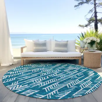 8' Teal Blue And Ivory Round Tribal Washable Indoor Outdoor Area Rug