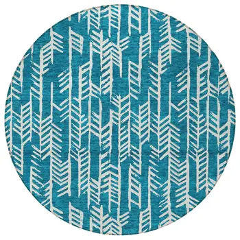 8' Teal Blue And Ivory Round Tribal Washable Indoor Outdoor Area Rug