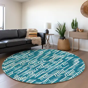 8' Teal Blue And Ivory Round Tribal Washable Indoor Outdoor Area Rug