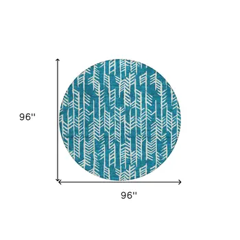 8' Teal Blue And Ivory Round Tribal Washable Indoor Outdoor Area Rug