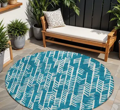 8' Teal Blue And Ivory Round Tribal Washable Indoor Outdoor Area Rug