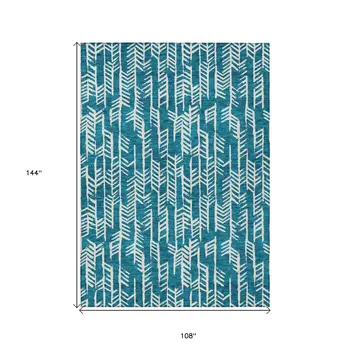 9' X 12' Teal Blue And Ivory Tribal Washable Indoor Outdoor Area Rug