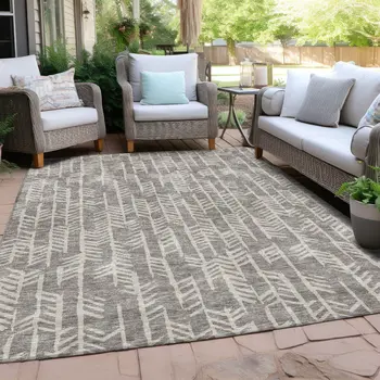 9' X 12' Taupe And Beige Tribal Washable Indoor Outdoor Area Rug