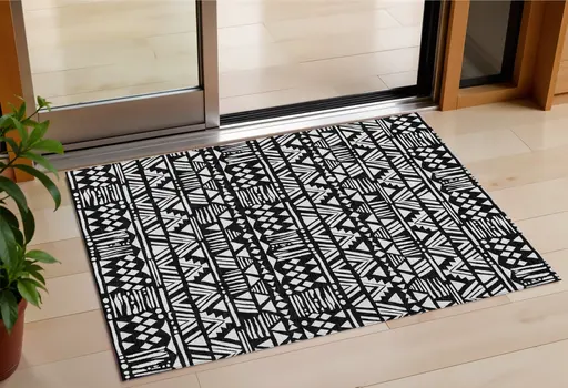 3' X 5' Black And Ivory Southwestern Washable Indoor Outdoor Area Rug