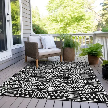 10' X 14' Black And Ivory Southwestern Washable Indoor Outdoor Area Rug