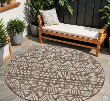 8' Brown And Beige Round Southwestern Washable Indoor Outdoor Area Rug