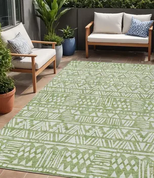 5' X 8' Green And Ivory Southwestern Washable Indoor Outdoor Area Rug