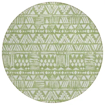 8' Green And Ivory Round Southwestern Washable Indoor Outdoor Area Rug