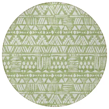 8' Green And Ivory Round Southwestern Washable Indoor Outdoor Area Rug