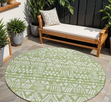 8' Green And Ivory Round Southwestern Washable Indoor Outdoor Area Rug