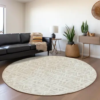 8' Ivory And Beige Round Southwestern Washable Indoor Outdoor Area Rug