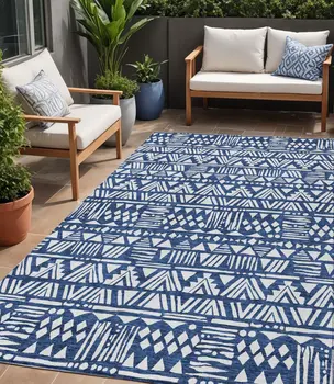 5' X 8' Navy Blue And Ivory Southwestern Washable Indoor Outdoor Area Rug