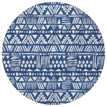 8' Navy Blue And Ivory Round Southwestern Washable Indoor Outdoor Area Rug