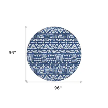 8' Navy Blue And Ivory Round Southwestern Washable Indoor Outdoor Area Rug