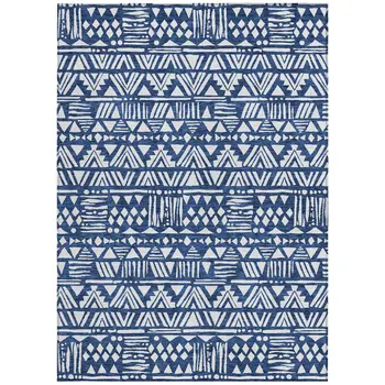8' X 10' Navy Blue And Ivory Southwestern Washable Indoor Outdoor Area Rug
