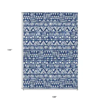 9' X 12' Navy Blue And Ivory Southwestern Washable Indoor Outdoor Area Rug