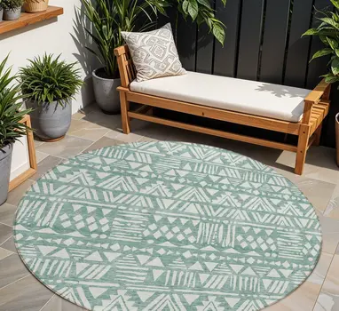 8' Sage And Ivory Round Southwestern Washable Indoor Outdoor Area Rug