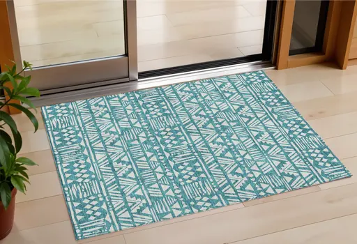 3' X 5' Teal Blue And Ivory Southwestern Washable Indoor Outdoor Area Rug