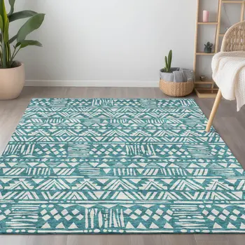 3' X 5' Teal Blue And Ivory Southwestern Washable Indoor Outdoor Area Rug