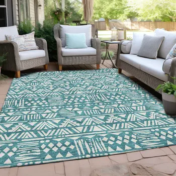 5' X 8' Teal Blue And Ivory Southwestern Washable Indoor Outdoor Area Rug