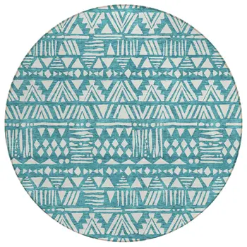 8' Teal Blue And Ivory Round Southwestern Washable Indoor Outdoor Area Rug
