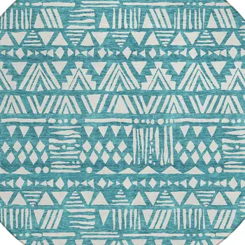8' Teal Blue And Ivory Round Southwestern Washable Indoor Outdoor Area Rug