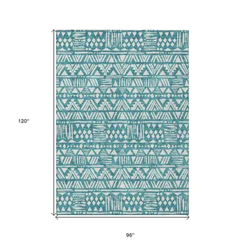 8' X 10' Teal Blue And Ivory Southwestern Washable Indoor Outdoor Area Rug