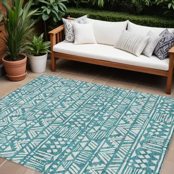 8' X 10' Teal Blue And Ivory Southwestern Washable Indoor Outdoor Area Rug