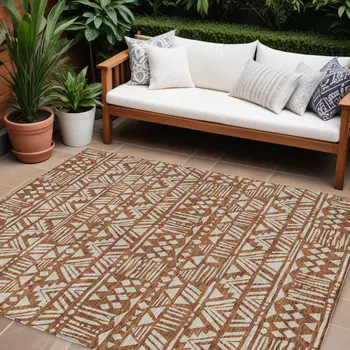 9' X 12' Terra Cotta And Beige Southwestern Washable Indoor Outdoor Area Rug