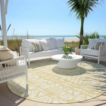 8' Wheat And Ivory Round Southwestern Washable Indoor Outdoor Area Rug