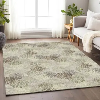 3' X 5' Beige Green And Ivory Polka Dot Washable Indoor Outdoor Area Rug