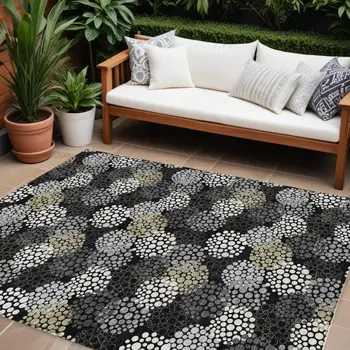8' X 10' Black Gray And Ivory Polka Dot Washable Indoor Outdoor Area Rug