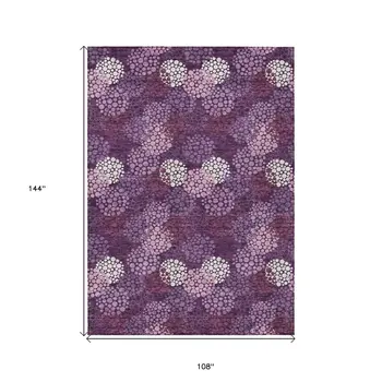 9' X 12' Eggplant Lavender And Ivory Polka Dot Washable Indoor Outdoor Area Rug