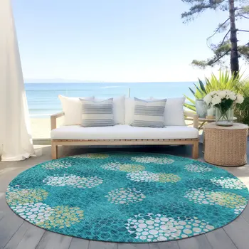 8' Emerald Gray And Ivory Round Polka Dot Washable Indoor Outdoor Area Rug