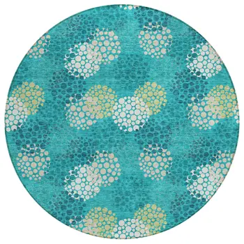 8' Emerald Gray And Ivory Round Polka Dot Washable Indoor Outdoor Area Rug