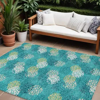 8' X 10' Emerald Gray And Ivory Polka Dot Washable Indoor Outdoor Area Rug
