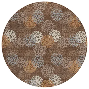 8' Brown Gray And Ivory Round Polka Dot Washable Indoor Outdoor Area Rug