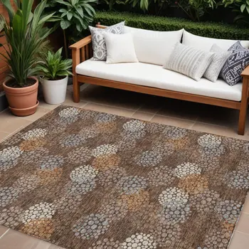8' X 10' Brown Gray And Ivory Polka Dot Washable Indoor Outdoor Area Rug