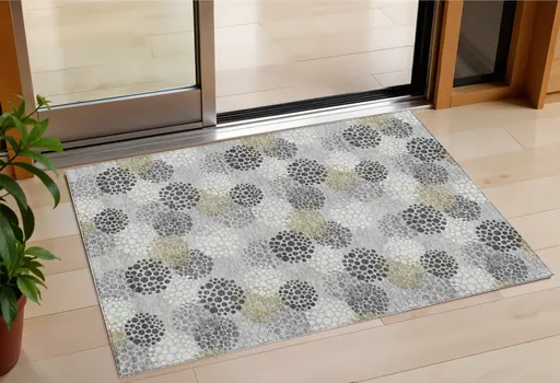 3' X 5' Gray Silver And Ivory Polka Dot Washable Indoor Outdoor Area Rug