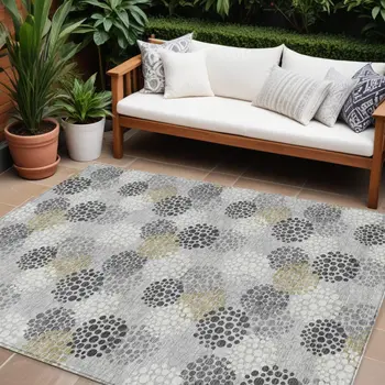 8' X 10' Gray Silver And Ivory Polka Dot Washable Indoor Outdoor Area Rug