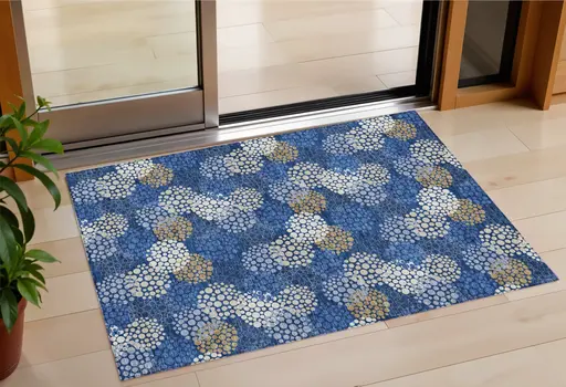 3' X 5' Navy Blue Brown And Ivory Polka Dot Washable Indoor Outdoor Area Rug