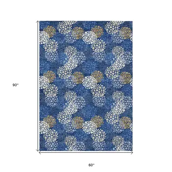5' X 8' Navy Blue Brown And Ivory Polka Dot Washable Indoor Outdoor Area Rug
