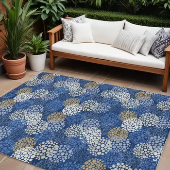 10' X 14' Navy Blue Brown And Ivory Polka Dot Washable Indoor Outdoor Area Rug