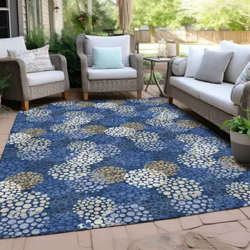 10' X 14' Navy Blue Brown And Ivory Polka Dot Washable Indoor Outdoor Area Rug