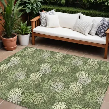 8' X 10' Olive Green And Gray Polka Dot Washable Indoor Outdoor Area Rug