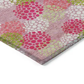 3' X 5' Pink Green And Ivory Polka Dot Washable Indoor Outdoor Area Rug