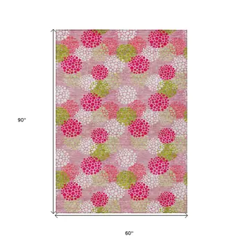 5' X 8' Pink Green And Ivory Polka Dot Washable Indoor Outdoor Area Rug