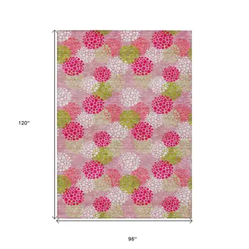8' X 10' Pink Green And Ivory Polka Dot Washable Indoor Outdoor Area Rug